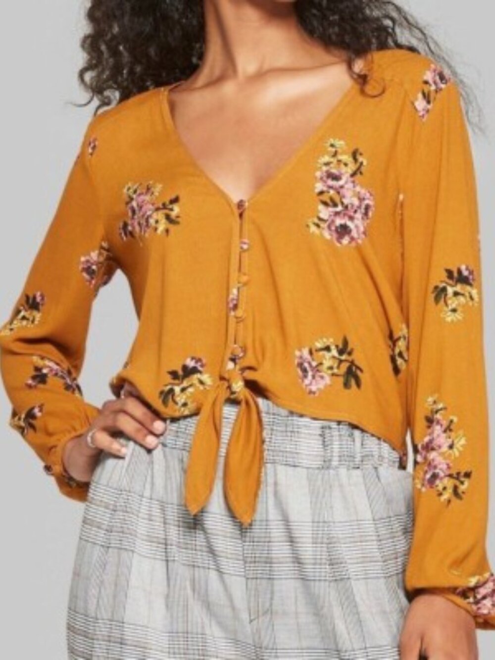 Wild Fable Floral Crop Top Blouse Mustard Yellow Tie Front Long Sleeve Boho 1X